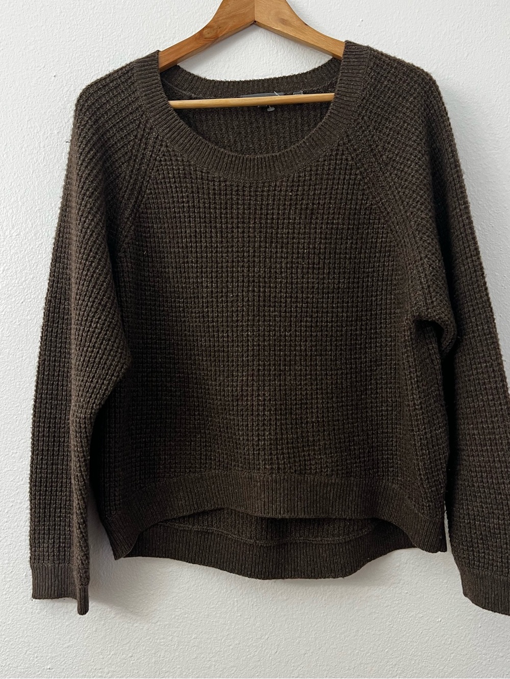 Vince Dark Brown Waffle Knit Yak Wool Boxy Relaxed Fit Crewneck Sweater